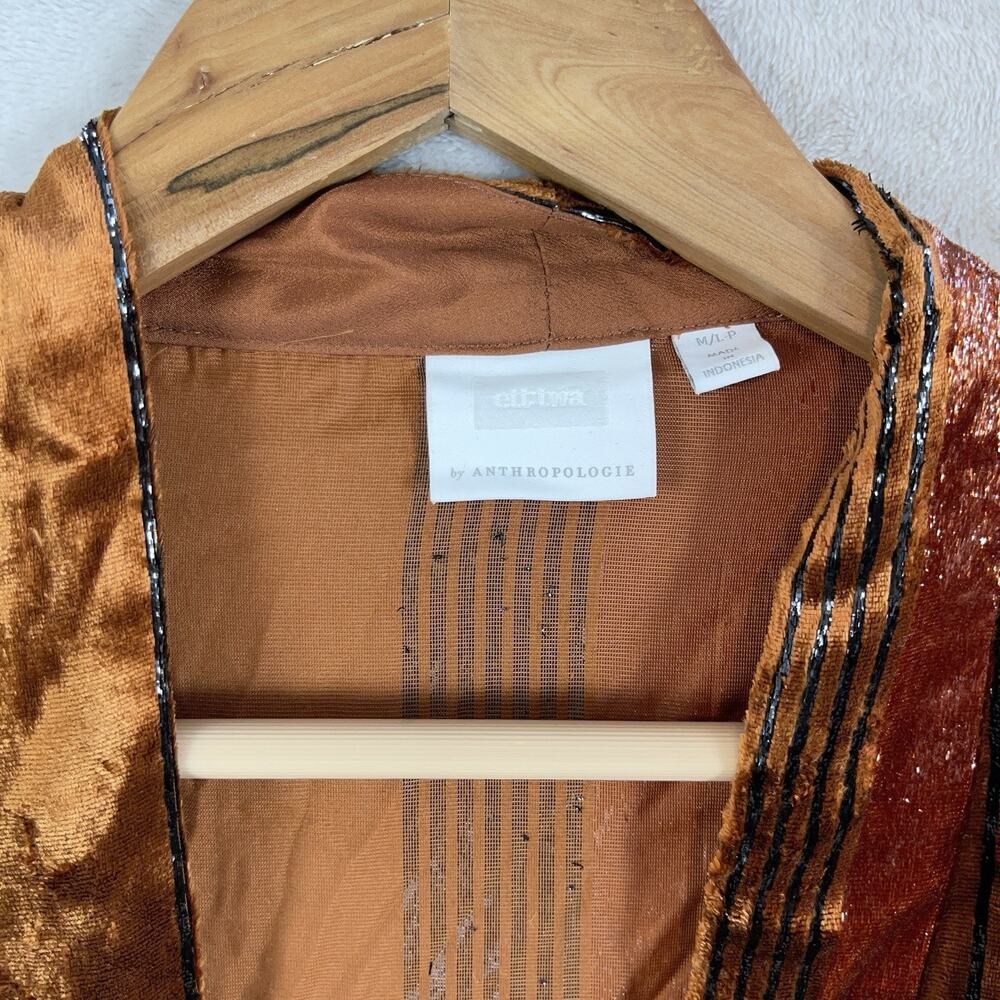 Ett:Twa by Anthropologie Long Velvet Kimono Cardigan M/L Petite Metallic Rust - Picture 3 of 11